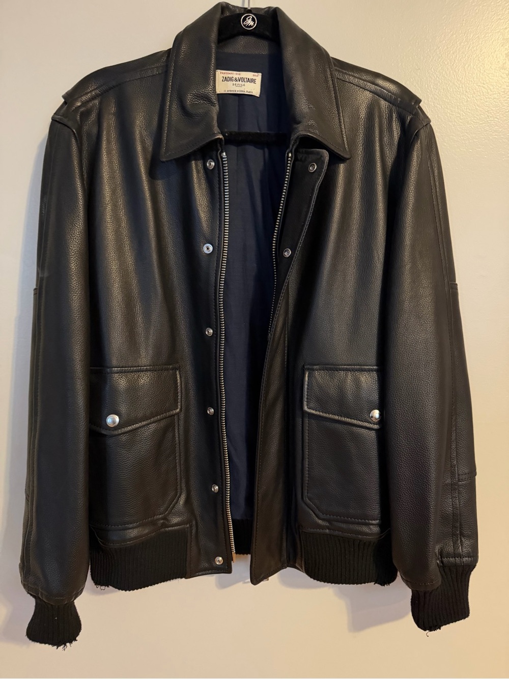 Zadig & Voltaire Men’s Black Leather Bomber Jacket with Snap Pockets